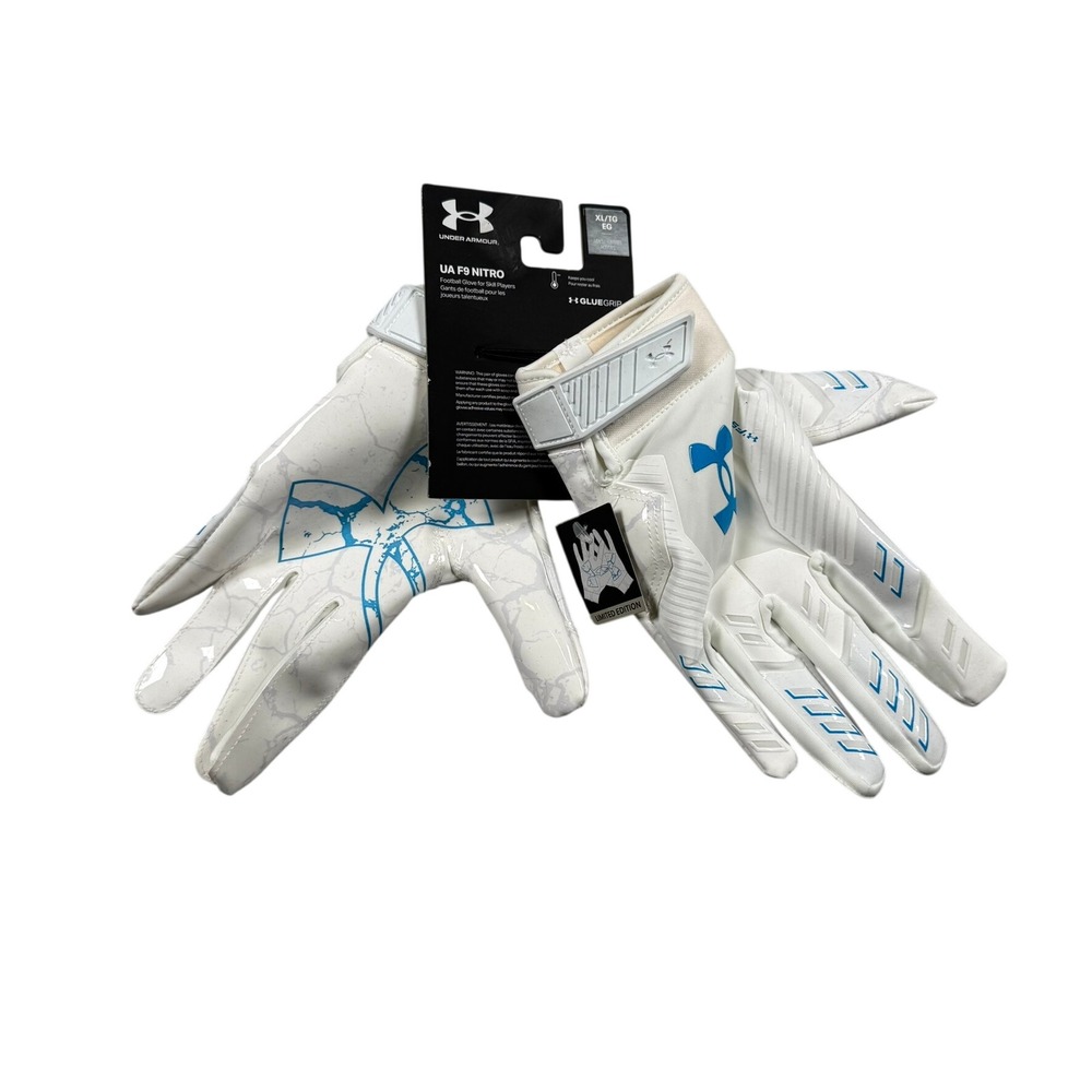 Under Armour Mens XL UA F9 Nitro Football Gloves White Blue Glue Grip Limited Ed